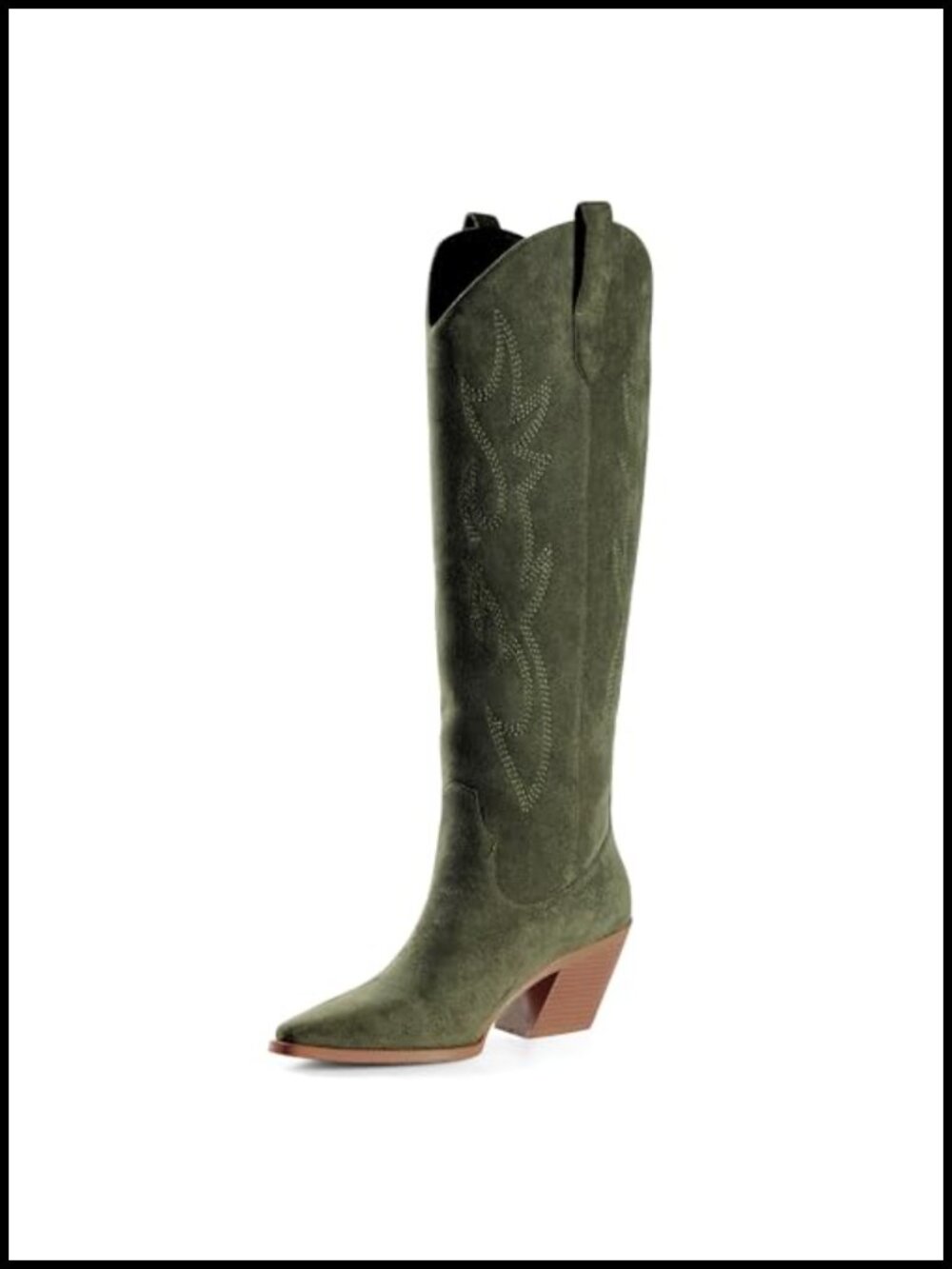 Cowgirl Boots Women Knee High Pointed Toe Block Heel Faux Suede Embroidered